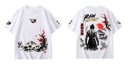 RawInstinct samurai tee — red print on white, oversized 230gsm cotton, front and back