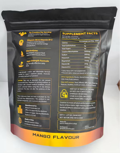 Back of the Mango Mayhem creatine gummies pouch showing supplement facts