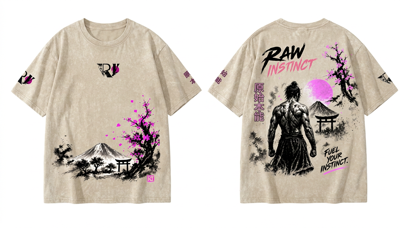 RawInstinct samurai tee — pink print on washed beige, oversized 230gsm cotton, front and back