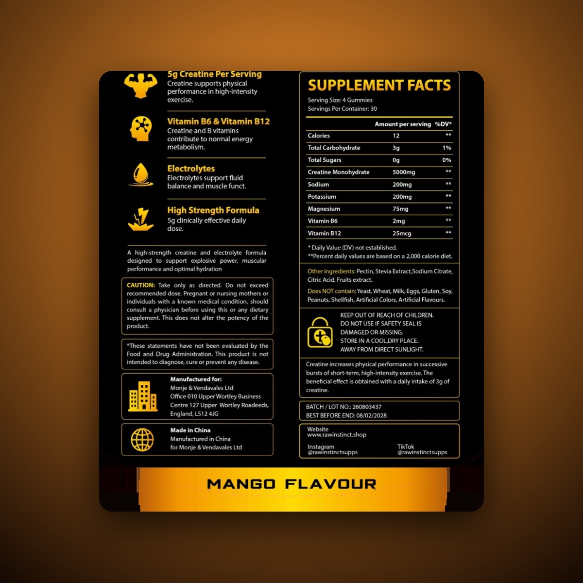 Back of the Mango Mayhem creatine gummies pouch showing supplement facts