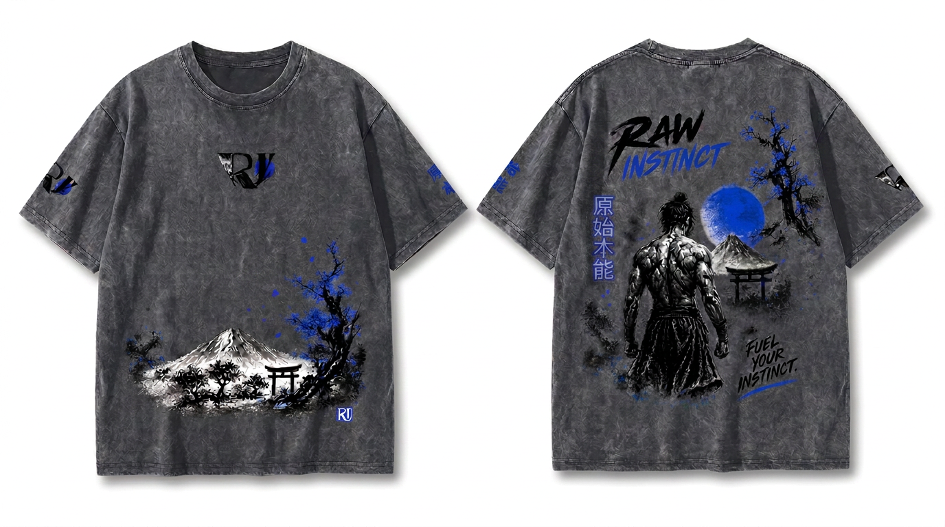 RawInstinct samurai tee — blue print on washed grey, oversized 230gsm cotton, front and back